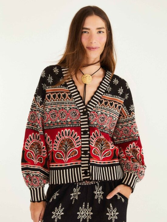 FARM Rio Sweaters - Farm Rio Black Ainika Love Coconut Groove Knit Cardigan Size L Multicolor